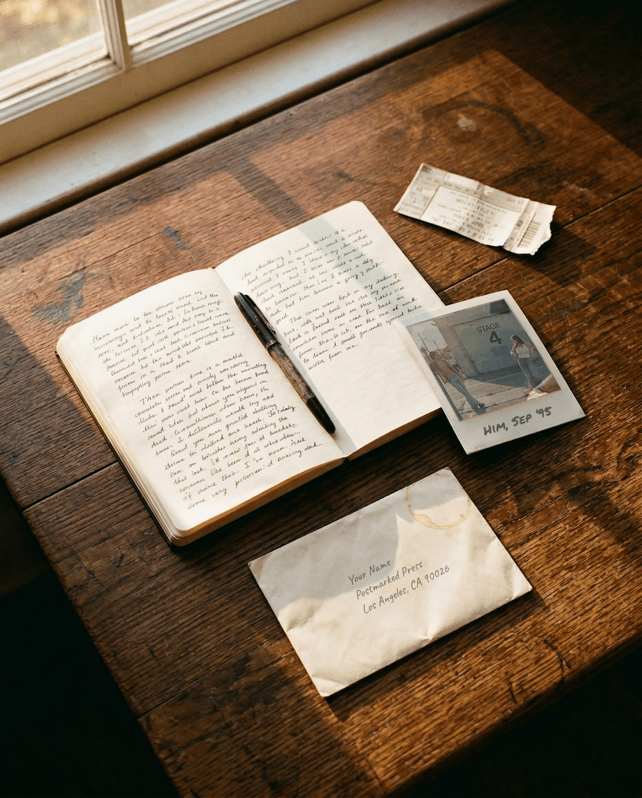 A journal on a wooden table with a Polaroid and concert ticket